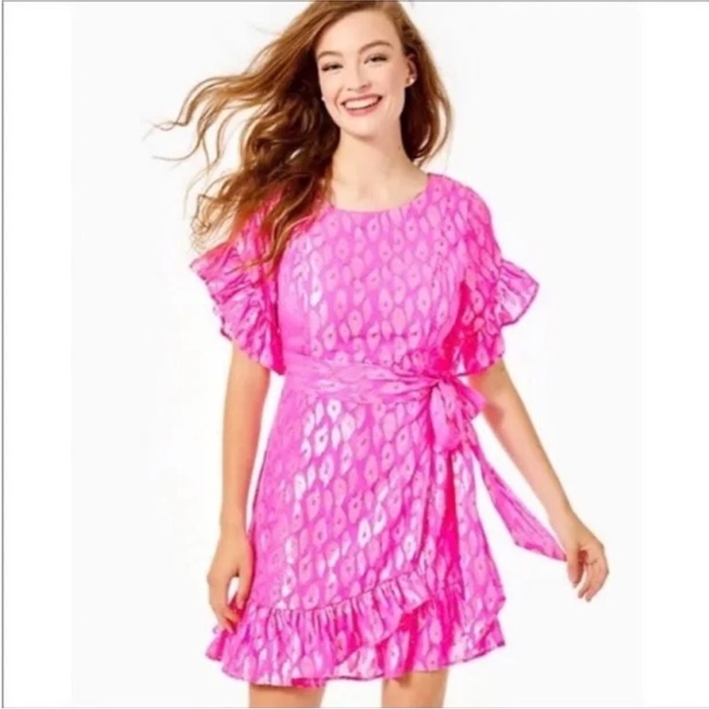 Lilly Pulitzer Pink Ikat Print Ruffled Wrap Dress Size 4